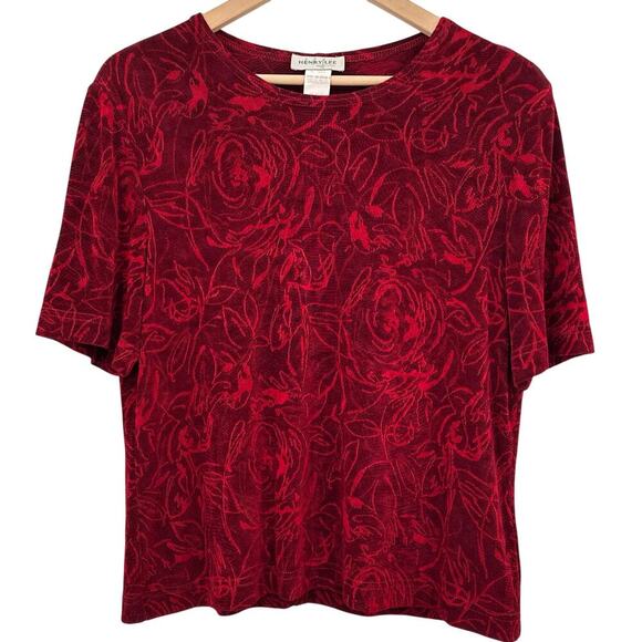 Vintage Y2K Slinky Deep Red Floral Monochromatic Short Sleeve Top Womens Medium - Picture 1 of 7